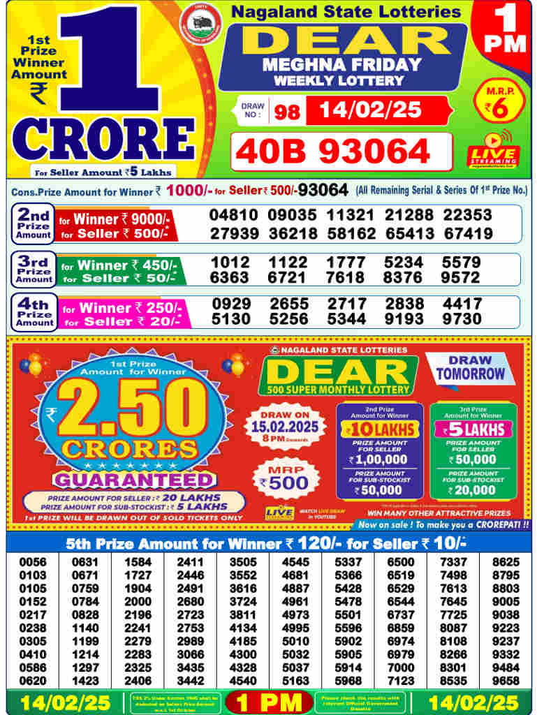 Nagaland 1PM Lottery Result 14.2.2025