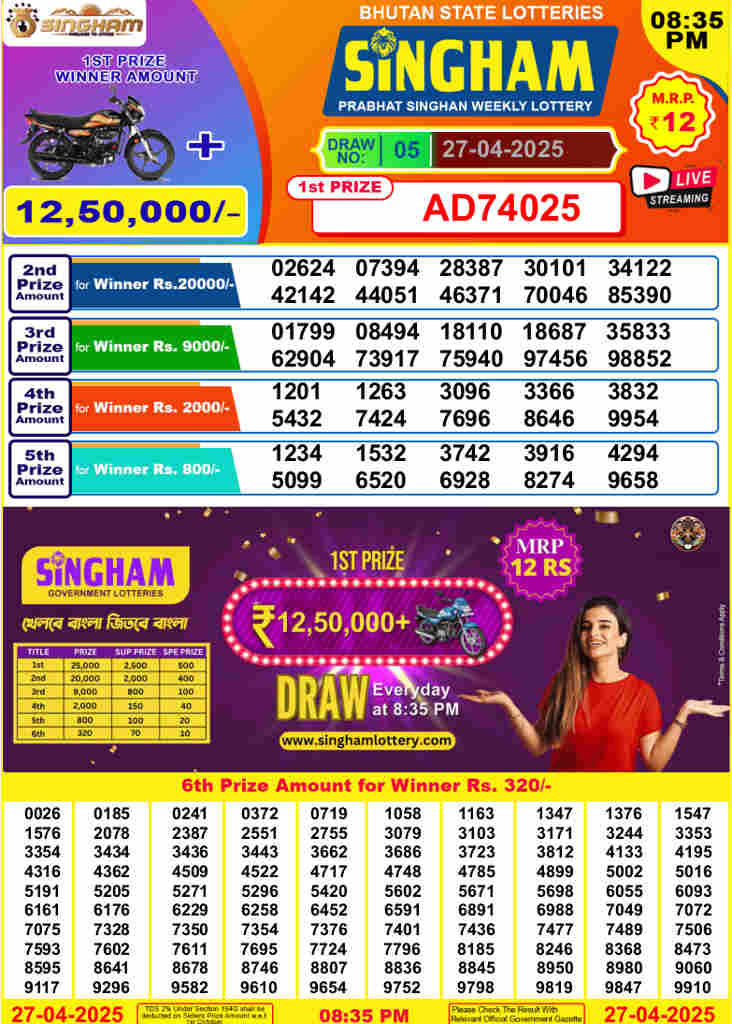 Bhutan Singham 8.35 pm result 27.4.2025