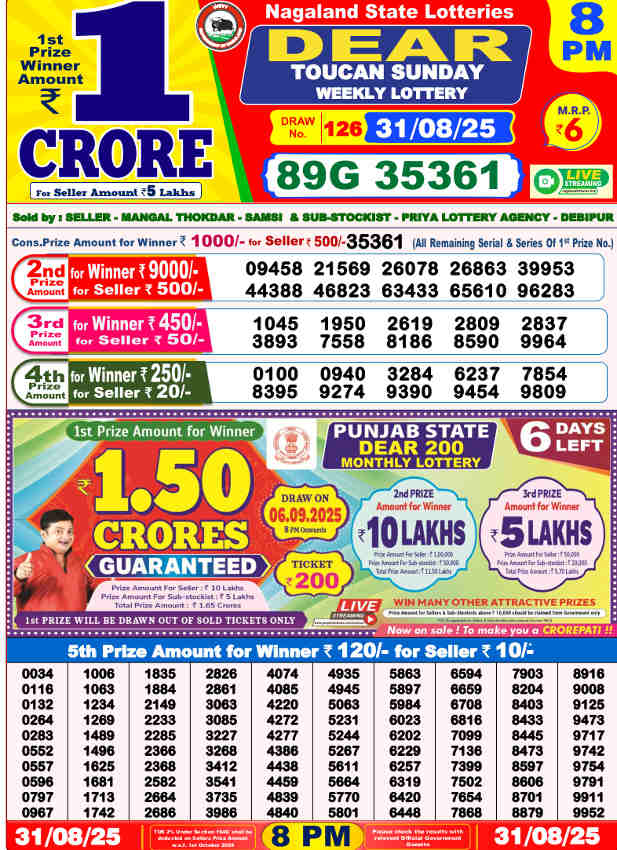 Sambad Lottery 8 pm result 31.8.2025