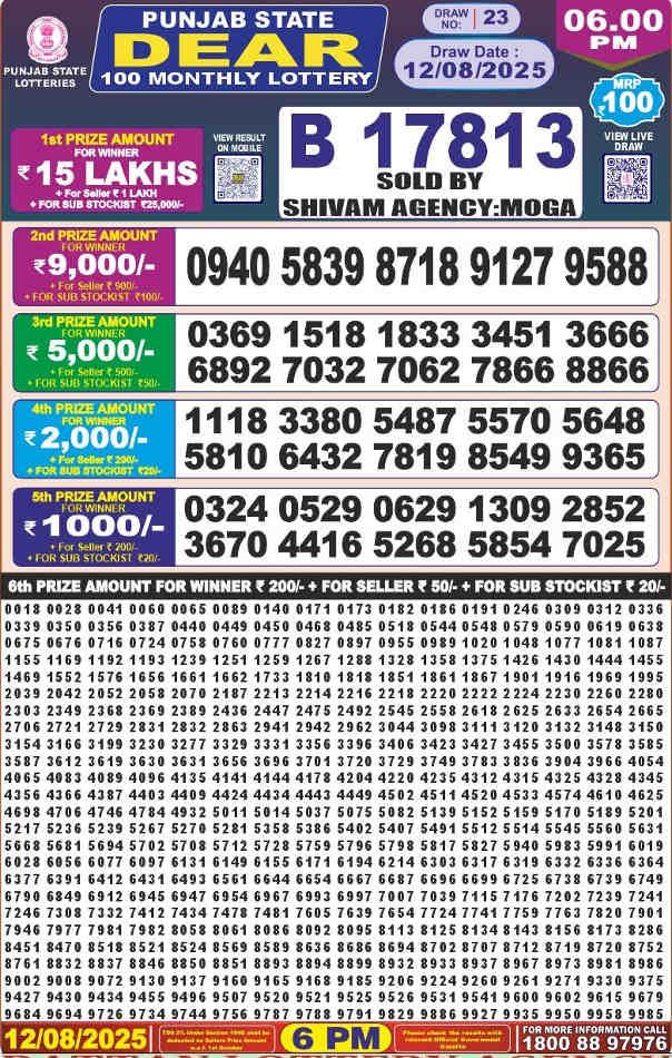 Punjab Dear 100 Monthly Result 12.8.2025