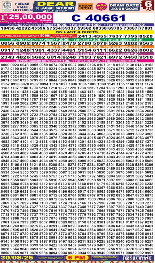 Punjab Dear 50 jackal Saturday Result 30.8.2025