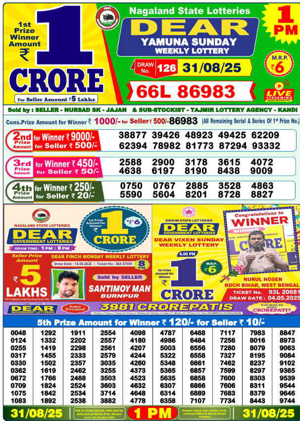 Sambad Lottery 1pm result 31.8.2025