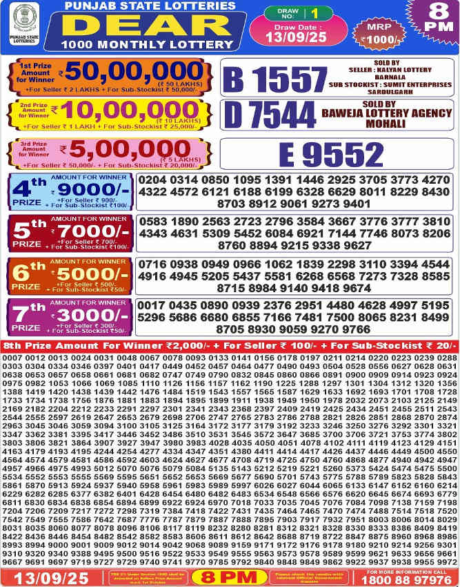 Punjab Dear 1000 Monthly Lottery Result 13.9.2025
