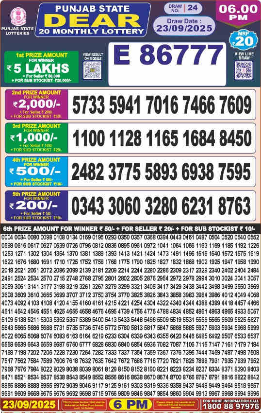 Punjab Dear 20 Monthly Lottery Result 23.9.2025