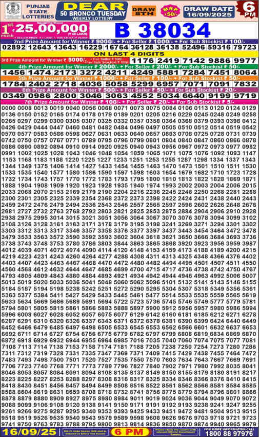 Punjab Dear 50 Tuesday Result 16.9.2025