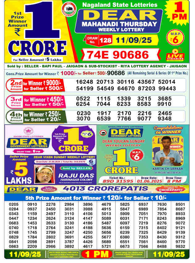 Sambad Lottery 1 PM Result 11.9.2025