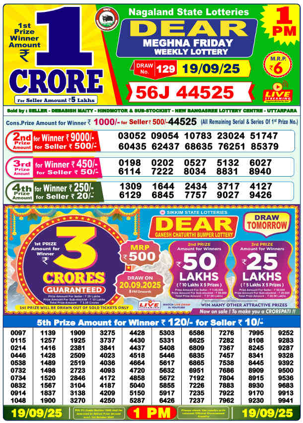 Sambad Lottery 1 PM Result 19.9.2025