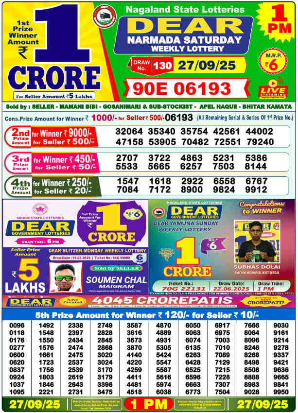 Sambad Lottery 1 PM Result 27.9.2025