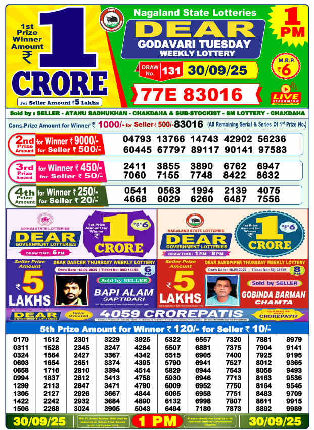 Sambad Lottery 1 PM Result 30.9.2025