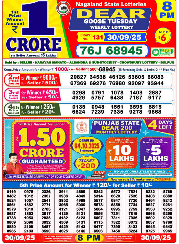 Sambad Lottery 8 PM Result 30.9.2025