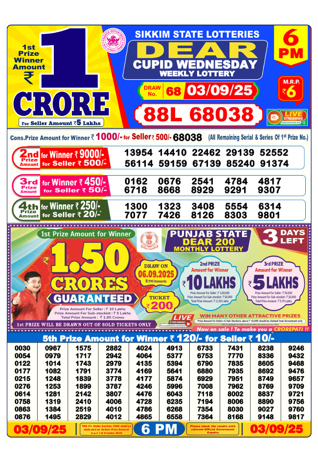 Sikkim Lottery 6 PM Result 03.09.2025