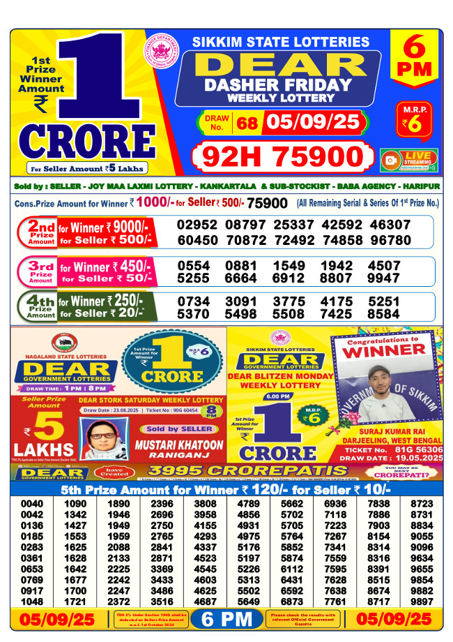 Sikkim Lottery 6 PM Result 05.09.2025