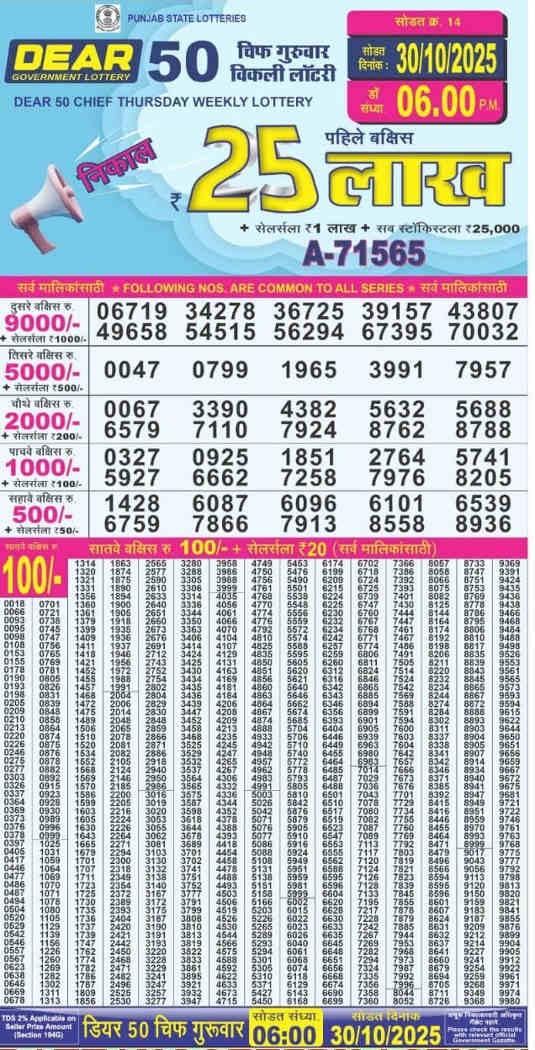 Punjab Dear 50 Thursday Result 30.10.2025
