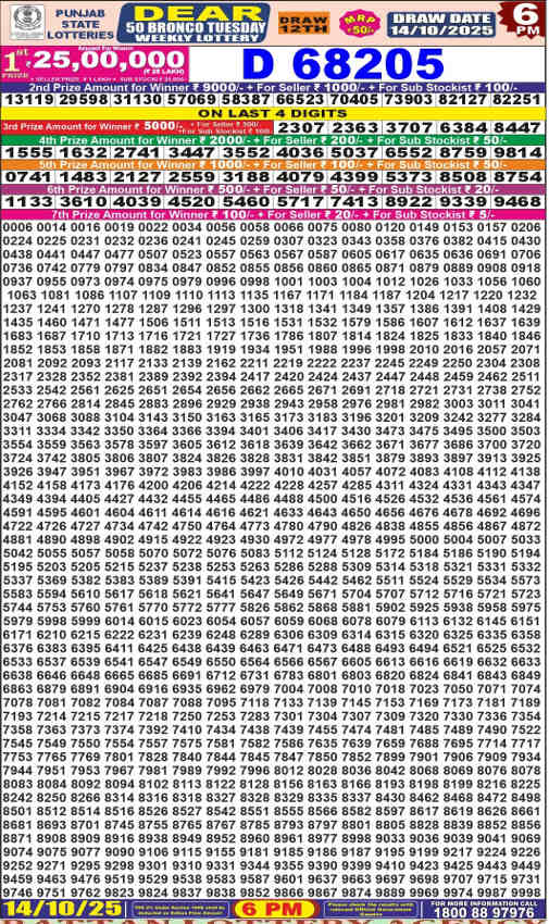 Punjab Dear 50 Tuesday Result 14.10.2025