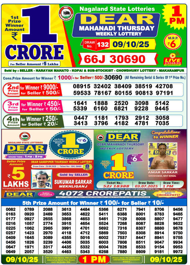 Sambad Lottery 1PM Result 09.10.2025