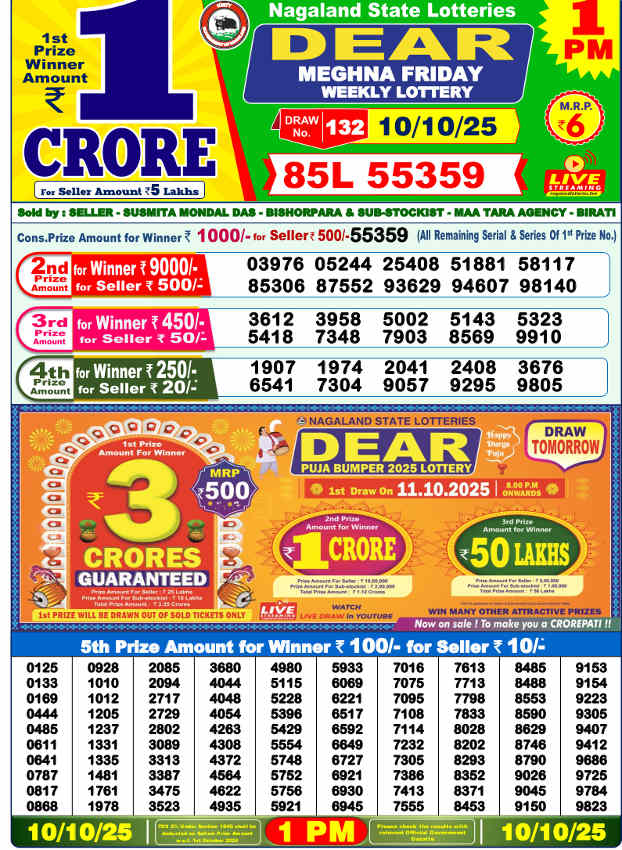 Sambad Lottery 1 PM Result 10.10.2025