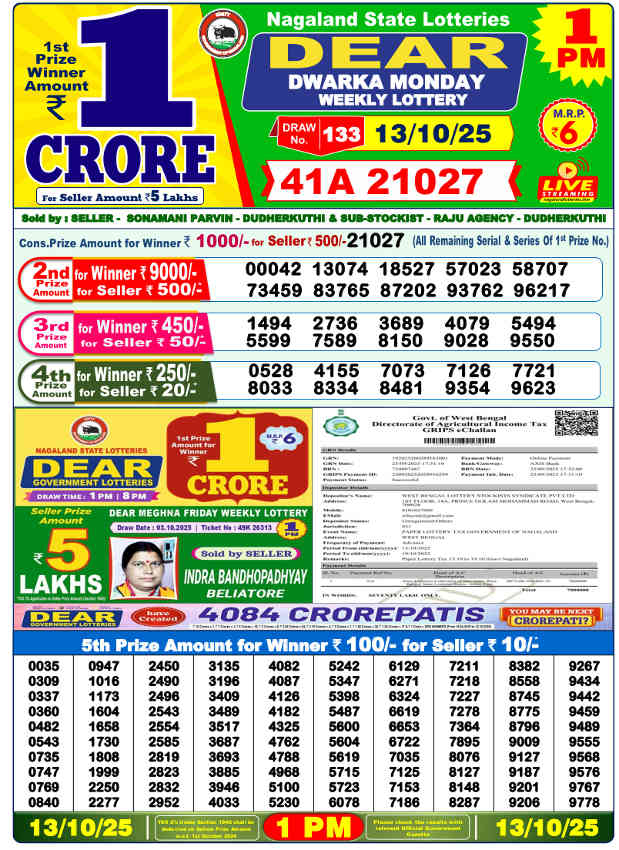 Sambad Lottery 1 PM Result 13.10.2025