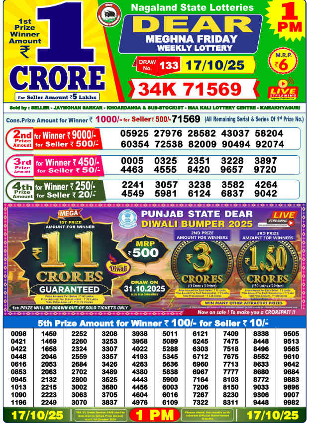 Sambad Lottery 1 PM Result 17.10.2025