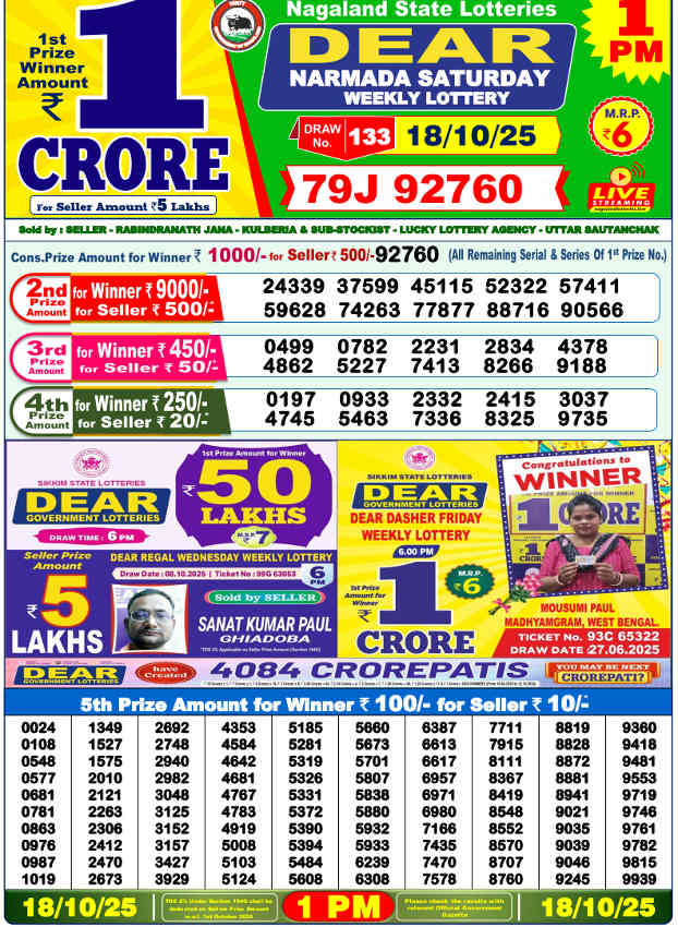 Lottery Sambad 1 PM Result 18.10.2025