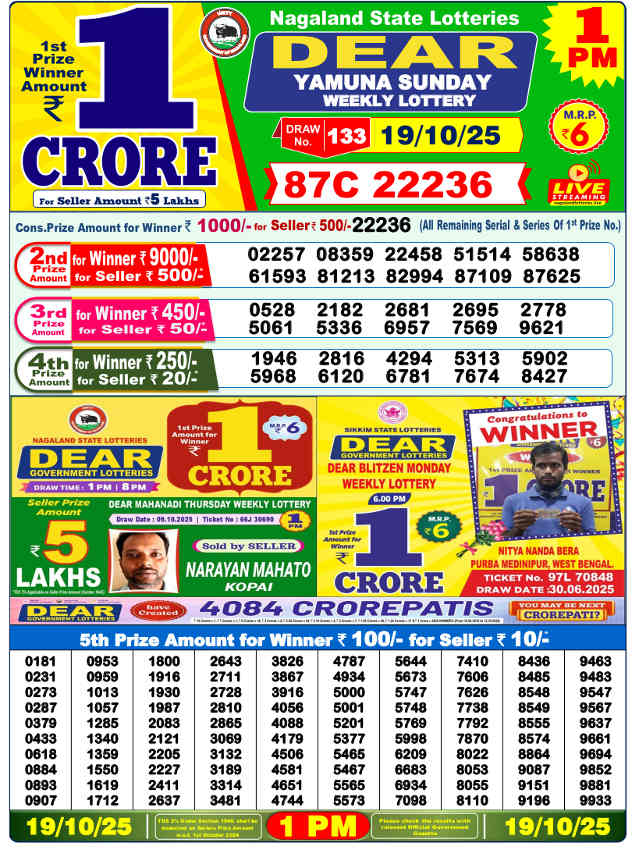 Sambad Lottery 1 PM Result 19.10.2025