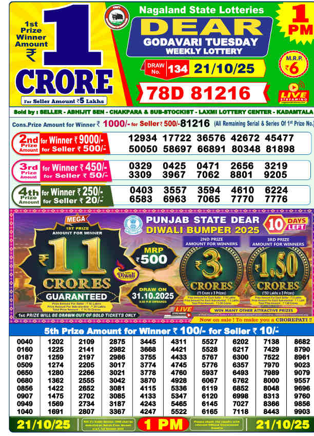 Sambad Lottery 1 PM Result 21.10.2025