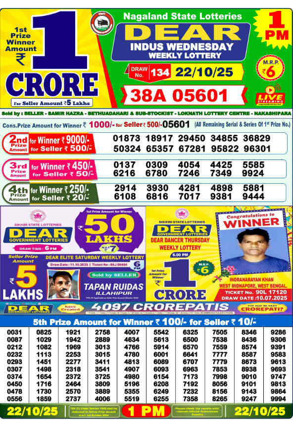 Sambad Lottery 1 PM Result 22.10.2025