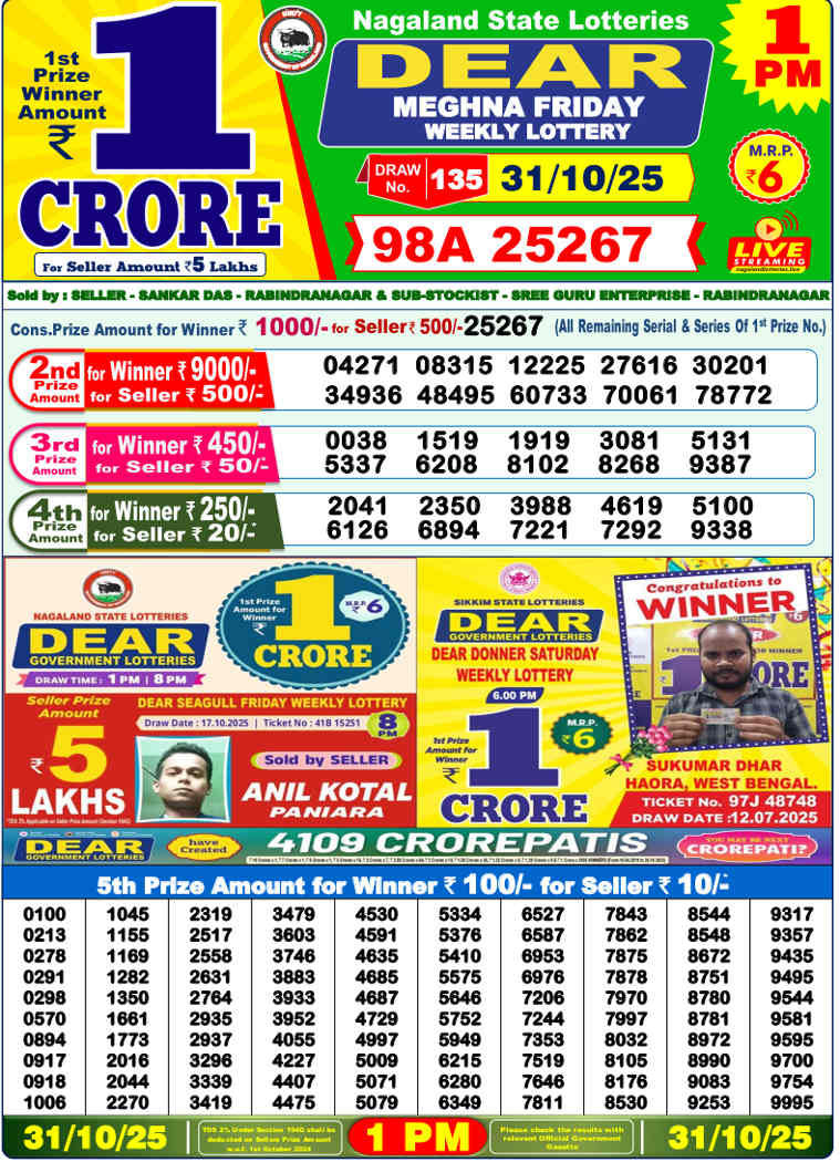 Sambad Lottery 1PM Result 31.10.2025