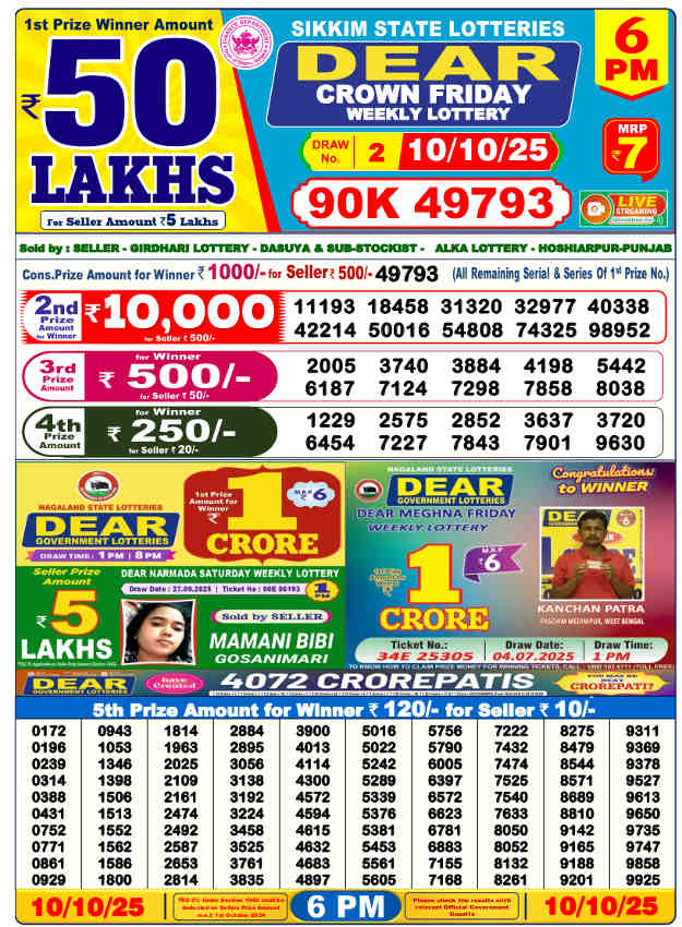 Sambad Lottery 6 pm result 10.10.2025
