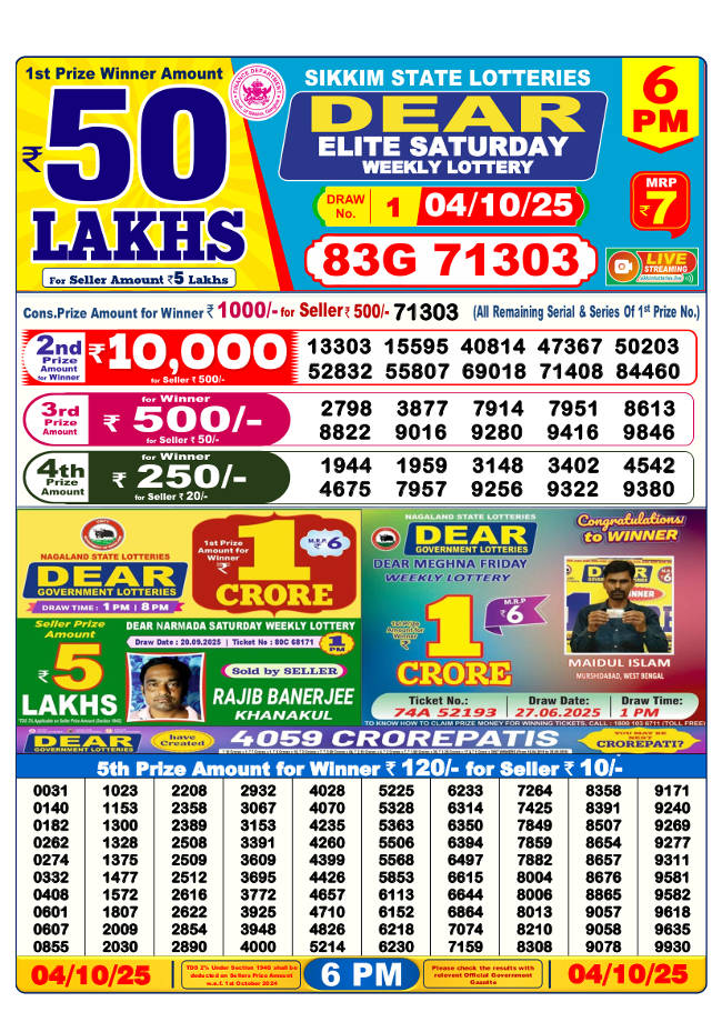 Sambad Lottery Sikkim 6 PM Result 4.10.2025