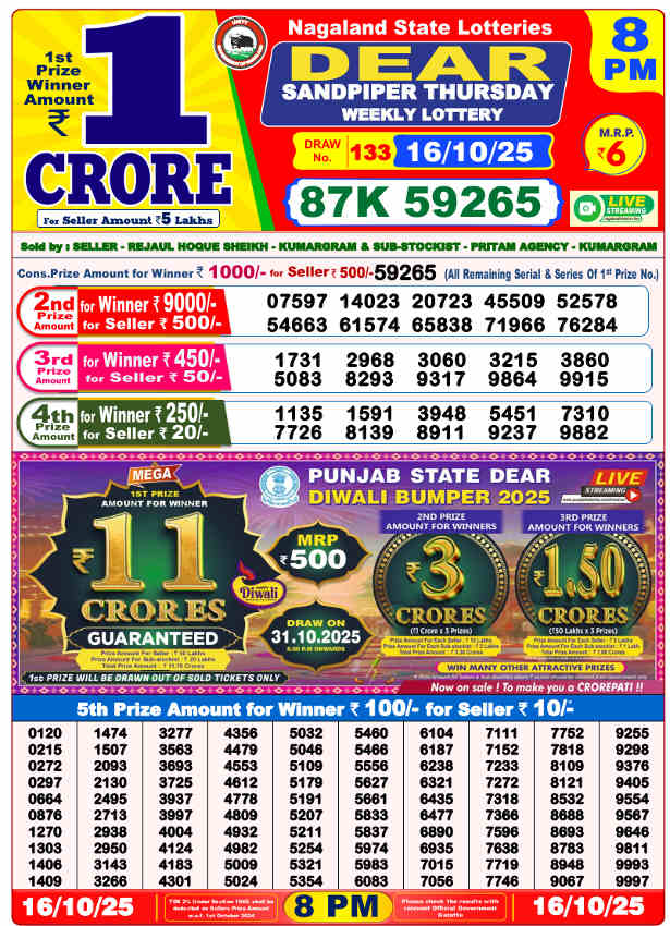 Sambad Lottery 8 PM Result 16.10.2025
