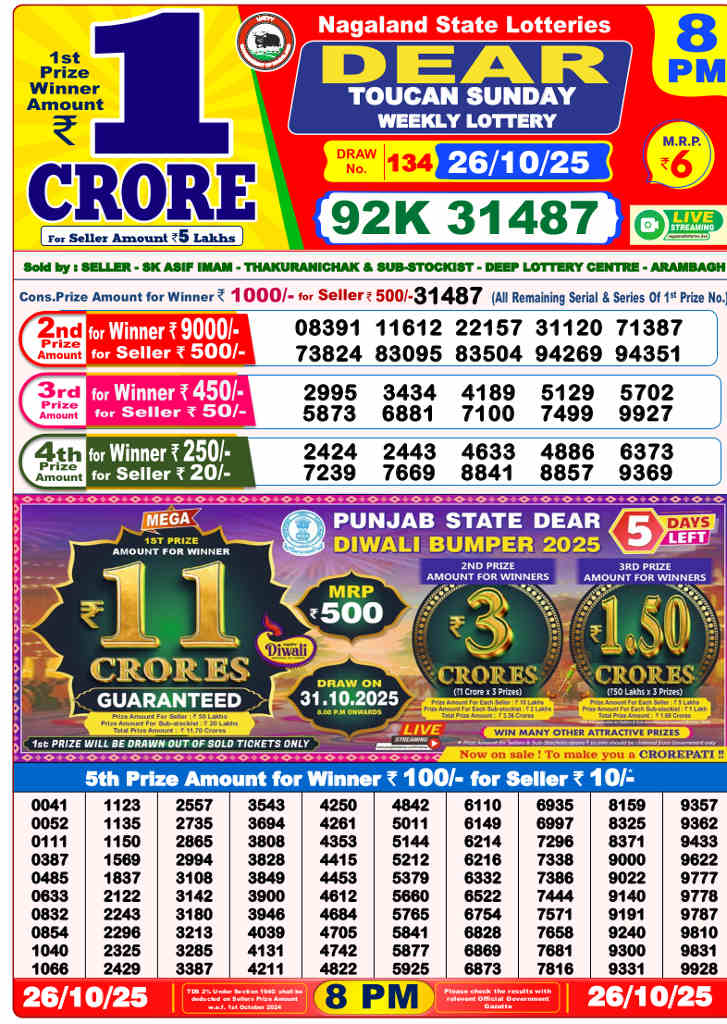 Sambad Lottery 8 PM Result 26.10.2025