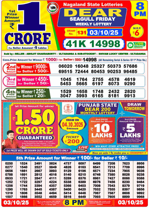 Sambad Lottery 8 pm result 03.10.2025