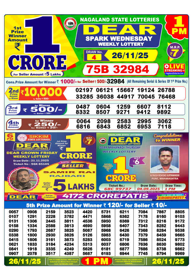 Lottery Sambad 1 PM Result 26.11.2025