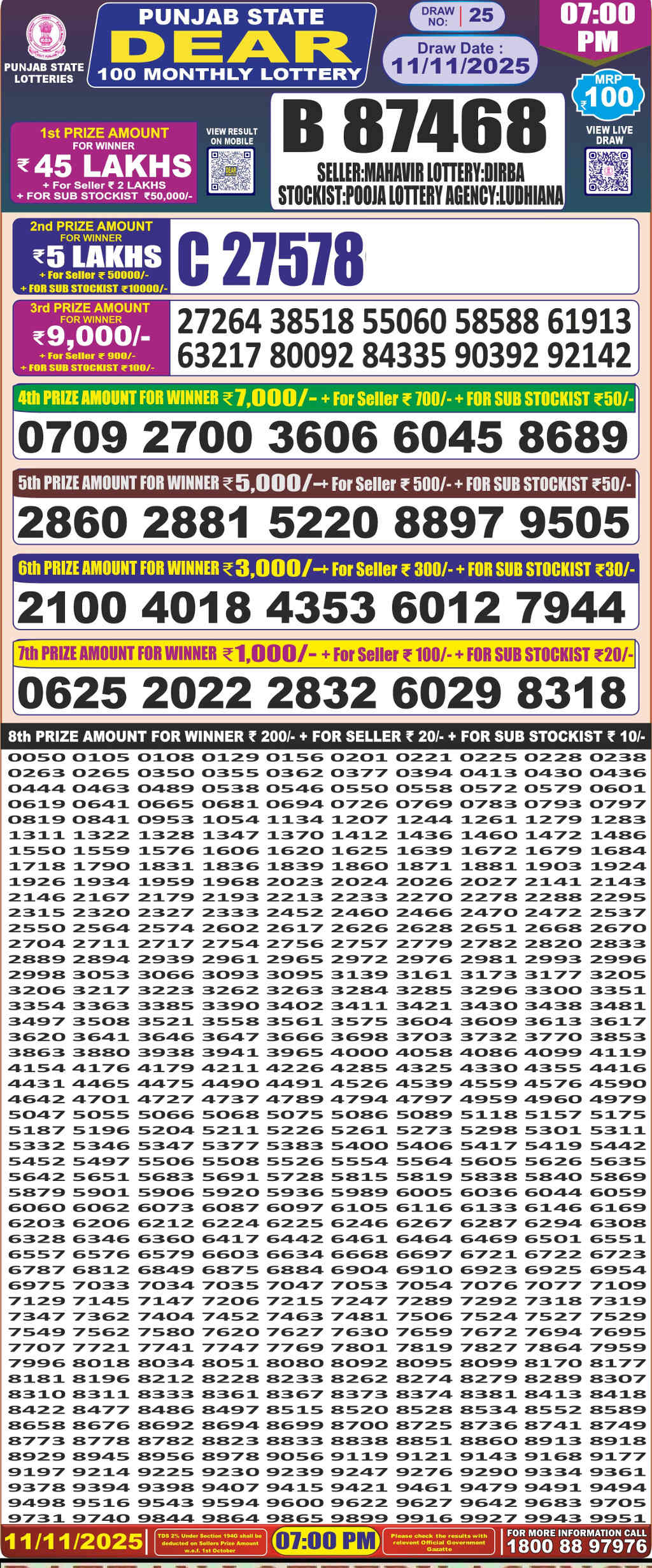 Punjab Dear 100 Monthly Lottery Result