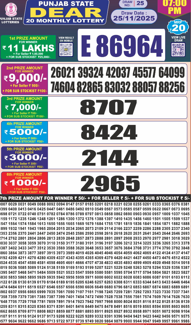 Punjab Dear 20 Result Today 25.11.2025