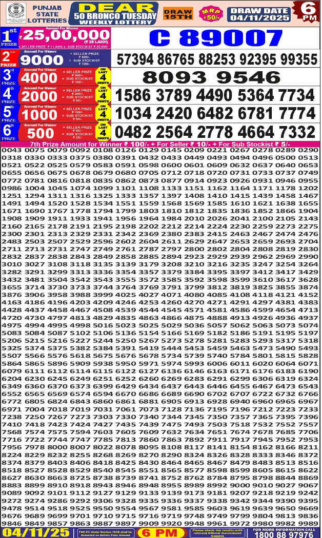 Punjab Dear 50 Tuesday Result 4.11.2025