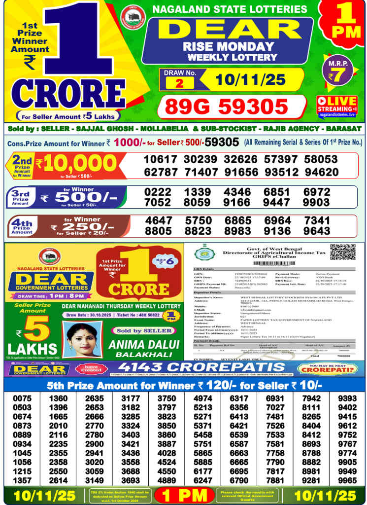 Sambad Lottery 1 PM Result 10.11.2025