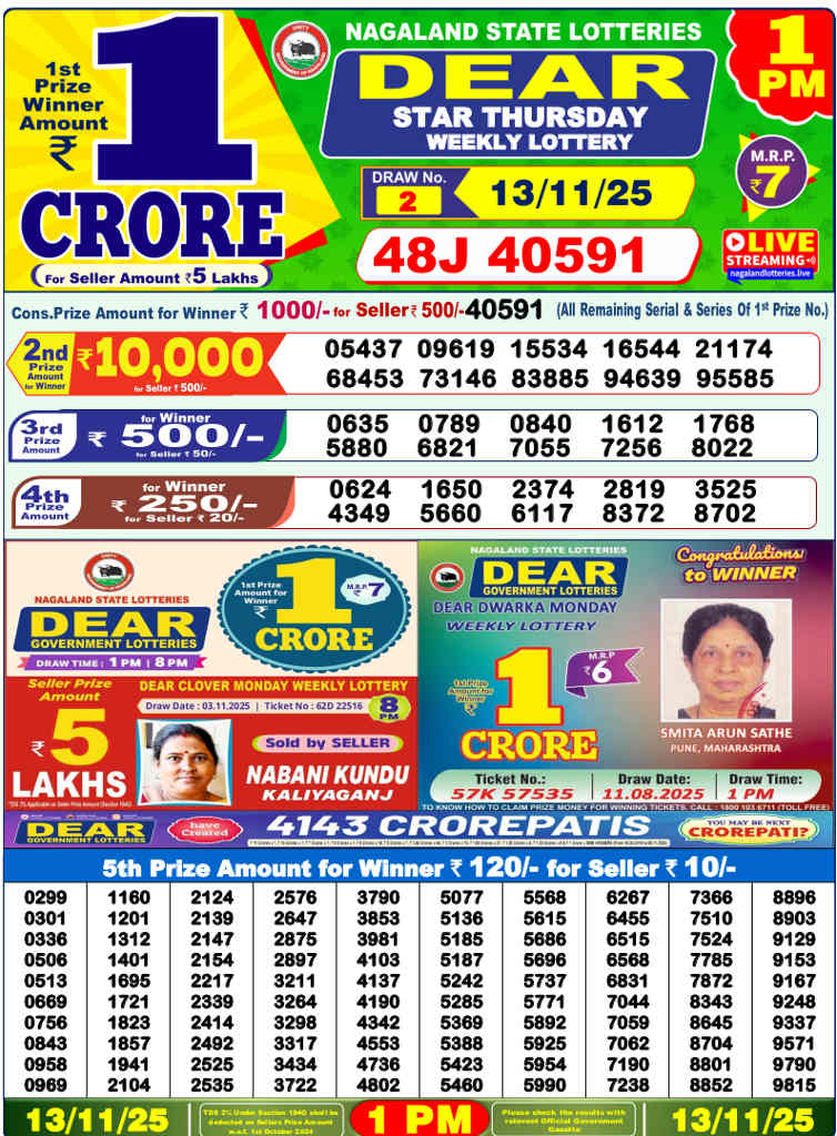 Sambad Lottery 1 PM Result 13.11.2025