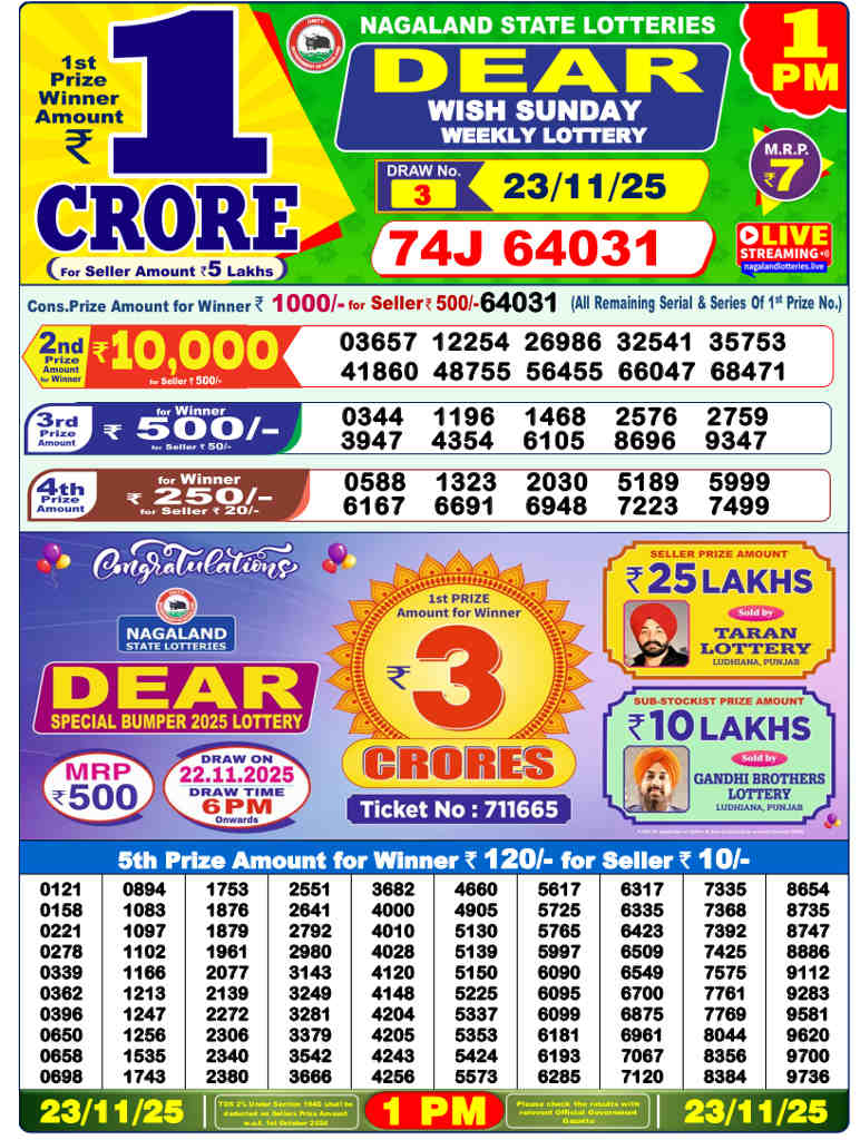 Lottery Sambad 1 PM Result 23.11.2025