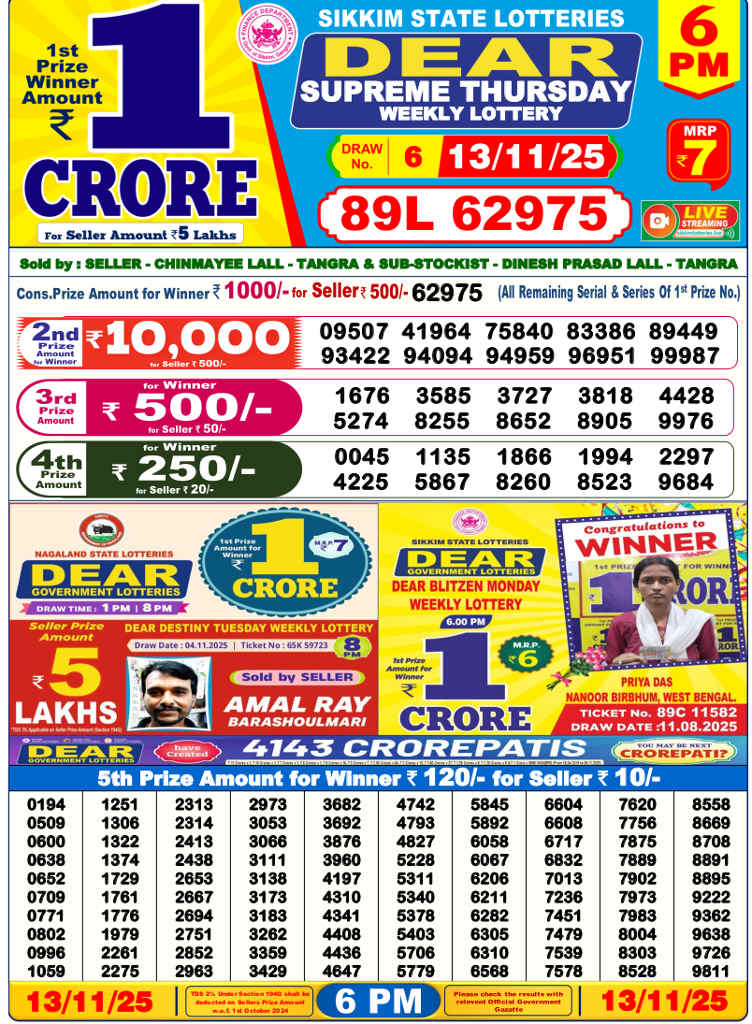 Sambad Lottery 6 PM Result 13.11.2025