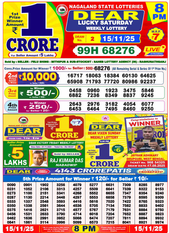 Sambad Lottery 8 PM Result 15.11.2025