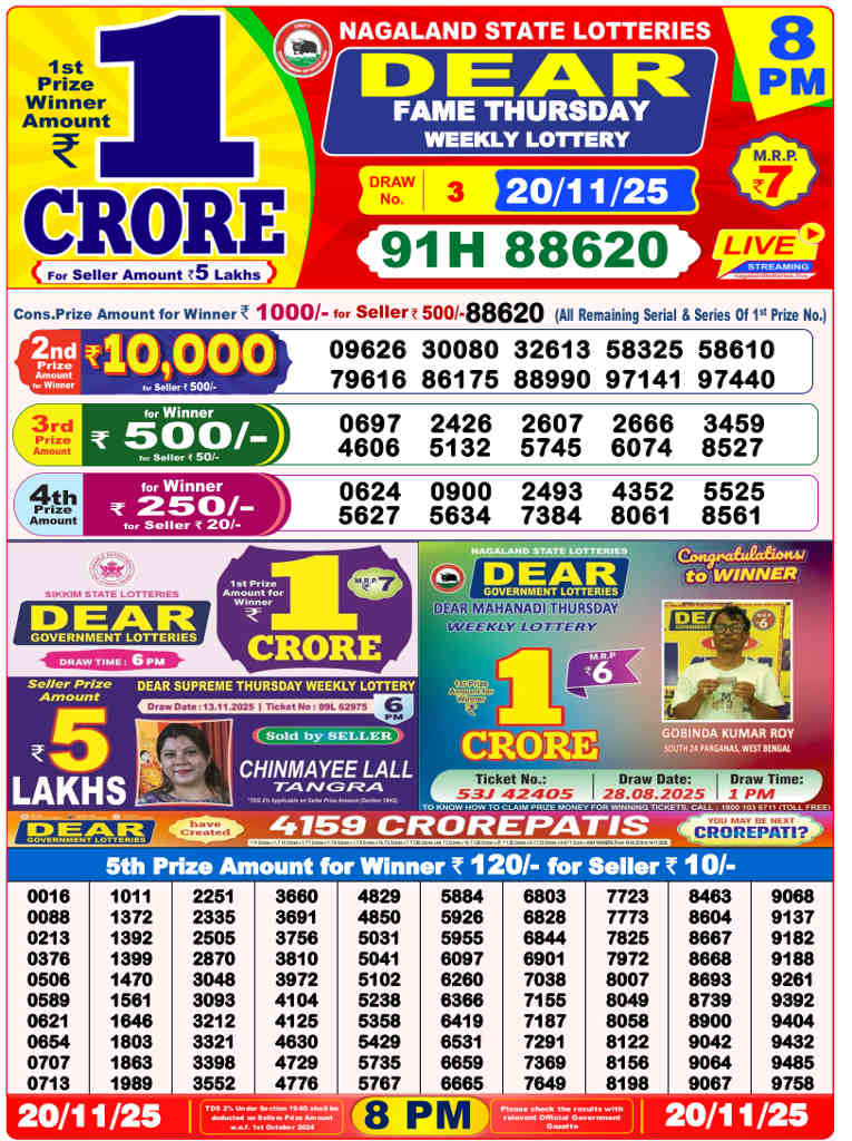 Sambad Lottery 8 PM Result 20.11.2025