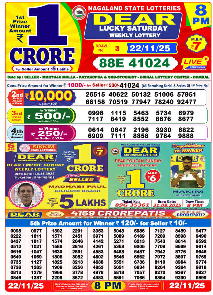 Lottery Sambad 8 PM Result 22.11.2025