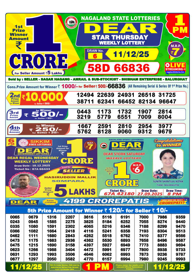 Lottery Sambad 1 PM Result 11.12.2025