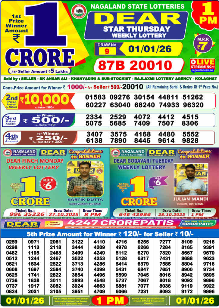Lottery Sambad 1 PM result 01.01.2026