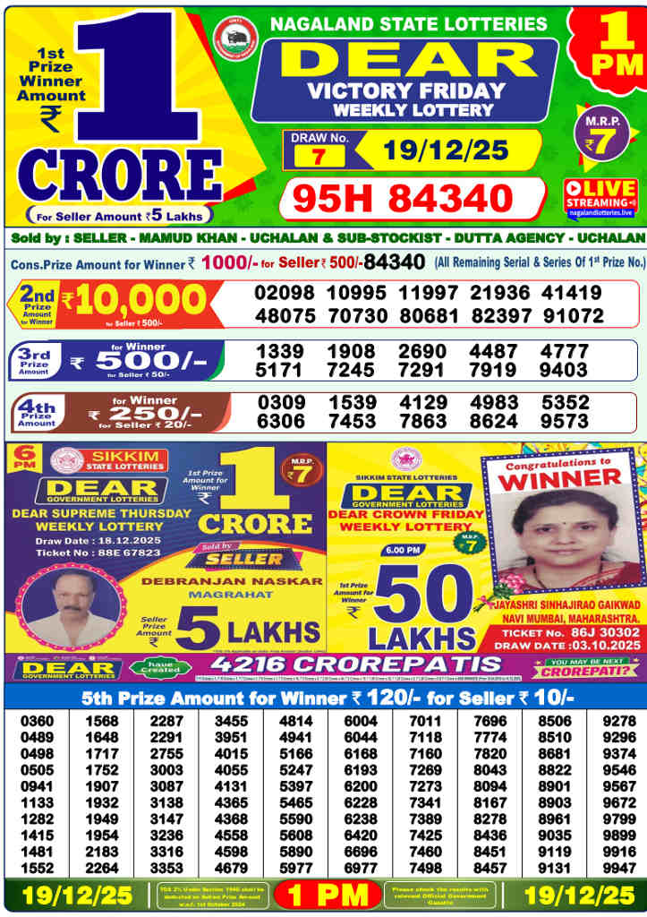 Lottery Sambad 1 PM Result 19.12.2025