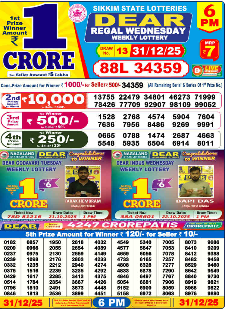 Lottery Sambad 6 PM result 31.12.2025