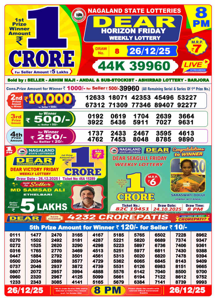 Lottery Sambad 8 PM Result 26.12.2025