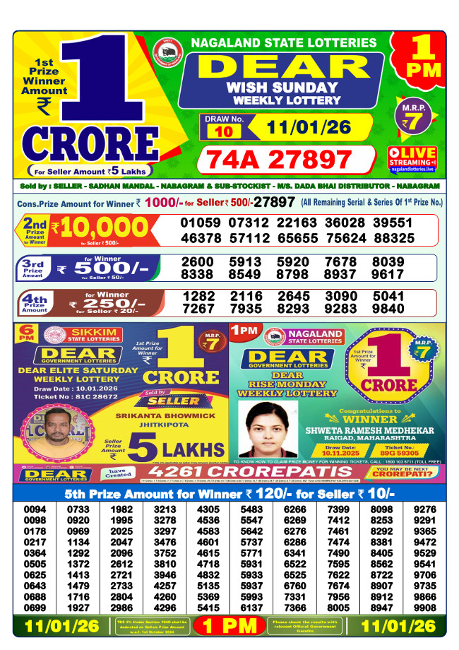 Lottery Sambad 1pm Result 11.1.2026