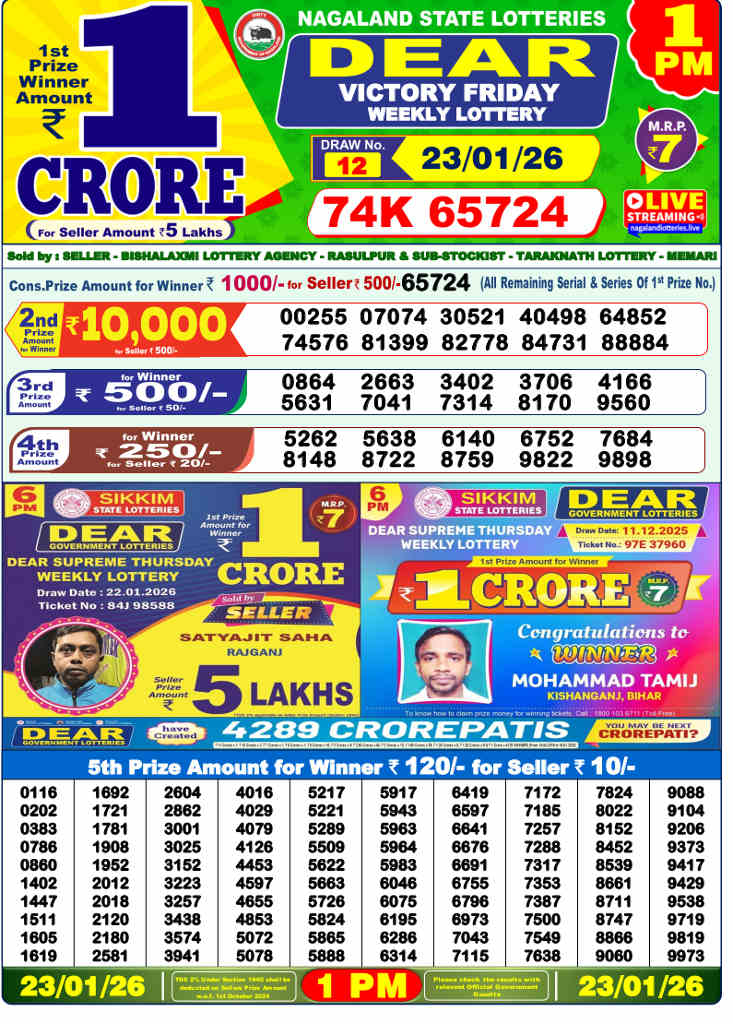 Lottery Sambad 1 pm Result 23.1.2026